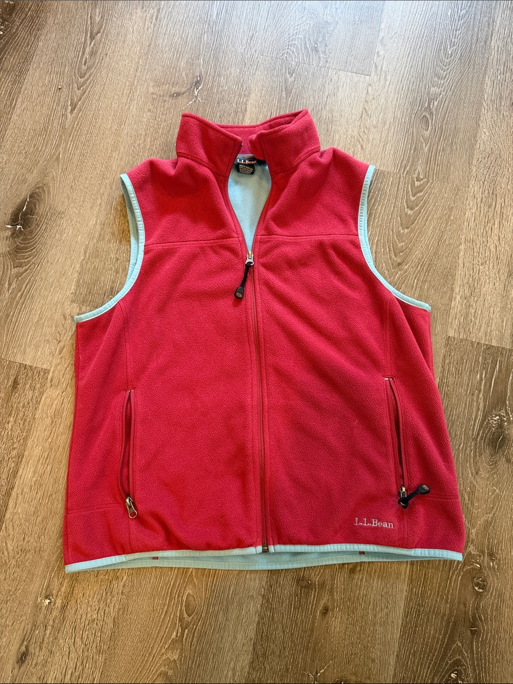 L.L. Bean Red Fleece Vest with Light Aqua Trim